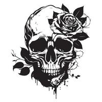 Schädel mit Rose Blume schwarz Gliederung Vektor. Mensch Schädel mit Rose skizzieren Zeichnung, tätowieren Vektor Illustration isoliert auf Weiß Hintergrund
