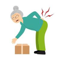 senior kvinna lidande från tillbaka smärta i platt design på vit bakgrund. muskel eller ben problem. vektor