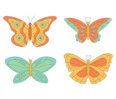 häftig uppsättning av hippie ljus fjärilar i 60s 70s platt stil. vektor