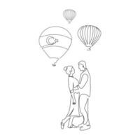 romantisch, umarmen Paar Stehen Gesicht zu Gesicht. heiß Luft Luftballons im das Hintergrund. Kappadokien, Truthahn. einer Linie Kunst. Vektor Illustration.