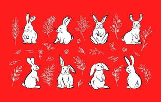 rolig söt påsk kaniner i olika Sammanträde poserar, vit hand dragen tecknad serie djur. vit konturer av dekorativ fantasi örter på röd bakgrund. klotter mönster för grafik, färg bok klämma konst vektor