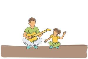 Eine einzige Linie, die den jungen Vater zeichnet, der Gitarre spielt und zusammen mit seiner Tochter zu Hause mit grafischer Vektorgrafik glücklich singt. glückliches familienbindungskonzept. modernes Design mit durchgehender Linienführung vektor