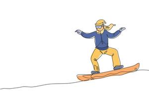 enda kontinuerlig linjeteckning av ung sportig snowboardåkare som rider snowboard på berget. extremsport utomhus. vintersäsong semester koncept. trendig en linje rita design vektor illustration