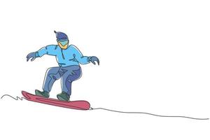 enda kontinuerlig linjeteckning av ung sportig snowboardåkare man som rider snowboard på berget. extremsport utomhus. vintersäsong semester koncept. trendig en linje rita design vektor illustration