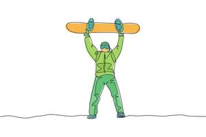 einzelne durchgehende Strichzeichnung junger sportlicher Snowboarder Mann hebt Snowboard am Berg. Extremsport im Freien. Wintersaison-Ferienkonzept. eine linie zeichnen grafikdesign-vektorillustration vektor