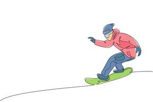 en kontinuerlig linje ritning av ung sportig man snowboardåkare ridning snowboard i alperna snöiga pulverberget. vinter livsstil sport koncept. dynamisk enkel linje rita design vektor grafisk illustration