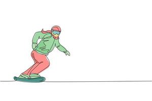 enda kontinuerlig linjeteckning av ung sportig snowboardåkare som rider snowboard på berget. extremsport utomhus. vintersäsong semester koncept. trendig en linje rita design vektor illustration