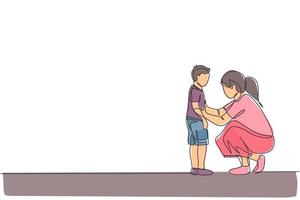 en kontinuerlig linje ritning av ung mamma ger några kloka råd prata med sin son hemma, familjeliv. lyckligt föräldraskap koncept. dynamisk enkel linje rita design vektor grafisk illustration
