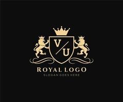 första vu brev lejon kunglig lyx heraldisk, vapen logotyp mall i vektor konst för restaurang, kungligheter, boutique, Kafé, hotell, heraldisk, Smycken, mode och Övrig vektor illustration.