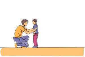 en kontinuerlig linje ritning av ung far ger några kloka råd prata med sin son hemma, familjeliv. lyckligt föräldraskap koncept. dynamisk enkel linje rita grafisk design vektor illustration