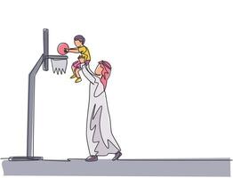 einzelne durchgehende Strichzeichnung eines jungen islamischen Vaters, der seinen Sohn anhebt, um den Basketballkorb zu erreichen. arabische muslimische glückliche familienvaterschaftskonzept. trendige einzeilige design-vektorillustration vektor