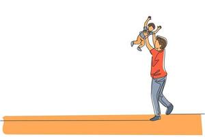 enda kontinuerlig ritning av ung pappa som spelar höjer sin dotter upp i himlen hemma. lycklig familj föräldraskap koncept. trendig enradig design vektor grafisk illustration