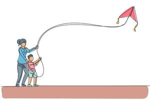 enda kontinuerlig linjeteckning av ung mamma och hennes son som leker för att flyga drake upp i himlen på utomhusfältet. lycklig familj föräldraskap koncept. trendig enradig design vektor grafisk illustration