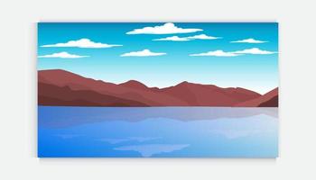berg , blå himmel reflekterande på en sjö vatten skön landskap bakgrund , vektor design illustration . landskap, illustrerade med kullar eller berg, sjö vatten,, blå bakgrund. natur