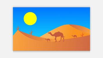 Wüste Illustration , Kamele, Wohnwagen im das Wüste, Vektor Illustration. Kamel Wohnwagen gehen durch das Wüste Vektor illustrstion können verwenden zum islamisch Hintergrund, Banner, Poster, Webseite