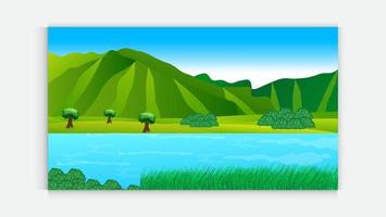 natur scen med träd , blå himmel ,kulle, flod. en skön sjö landskap. platt vektor landsbygden tecknad serie stil illustration av natur landskap med träd och berg ovan flod.