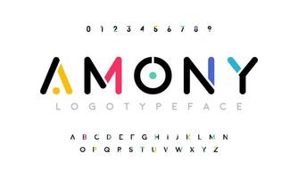 Amony modern abstrakt Digital Alphabet Schriftart. minimal Technologie Typografie, kreativ städtisch Sport Mode futuristisch Schriftart und mit Zahlen. Vektor Illustration