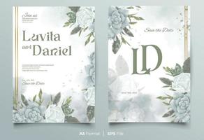 akvarell bröllopsinbjudan mall med vita och gröna blommor prydnad vektor