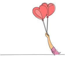 en kontinuerlig linje ritning av ung glad tjej som håller ett par söta hjärtformade ballonger tätt. romantiskt bröllop inbjudningskort koncept. modern enkel linje rita design grafisk vektor illustration
