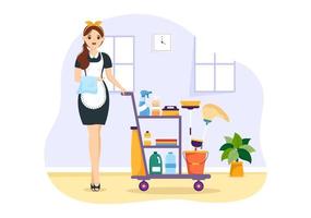 professionell flicka hembiträde illustration av rengöring service bär henne enhetlig med förkläde för rena en hus i platt tecknad serie hand dragen mallar vektor