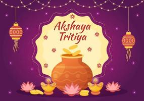 akshaya tritiya festival illustration med en gyllene kalash, pott och guld mynt för dhanteras firande i hand dragen för landning sida mallar vektor