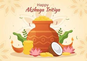 akshaya tritiya festival illustration med en gyllene kalash, pott och guld mynt för dhanteras firande i hand dragen för landning sida mallar vektor