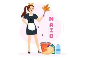 Fachmann Mädchen Maid Illustration von Reinigung Bedienung tragen ihr Uniform mit Schürze zum sauber ein Haus im eben Karikatur Hand gezeichnet Vorlagen vektor