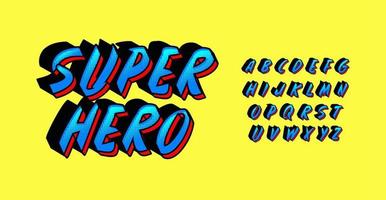 komisk bok alfabet, superhjälte dynamisk brev, onomatopoeia font för tecknad serie logotyp och rubrik, rolig årgång typografi med 3d effekt, spel design. vektor typografisk design