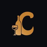 brev c logotyp med vin flaska design vektor illustration på svart bakgrund. vin glas brev c logotyp design