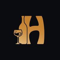 Brief h Logo mit Wein Flasche Design Vektor Illustration auf schwarz Hintergrund. Wein Glas Brief h Logo Design