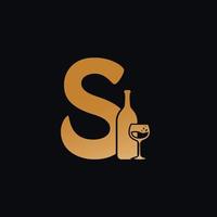 Brief s Logo mit Wein Flasche Design Vektor Illustration auf schwarz Hintergrund. Wein Glas Brief s Logo Design