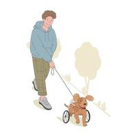 en ung man promenader med en hund i en rullstol vektor