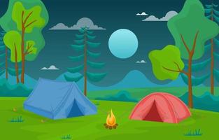 Campingzelte und Lagerfeuer im Wald bei Nacht vektor