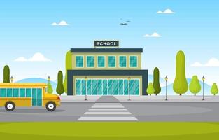 Schulgebäude mit gelbem Schulbus draußen