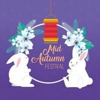 chinesisches Mittherbstfest mit hängenden Kaninchen, Blumen und Laterne vektor