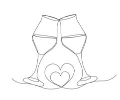 av Skål två glasögon med champagne med hjärta form i linjär stil. ett kontinuerlig enda dragen linje. vektor illustration.