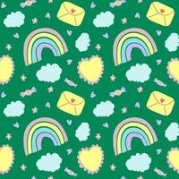 Regenbogen, Wolken, Süßigkeiten, Umschlag, Herz, Blumen bunt nahtlos Muster auf Grün Hintergrund. Vektor Illustration. perfekt zum Baby Bettwäsche, Kleidung, Hintergrund, Verpackung Papier.