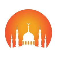 Moschee und Sonnenuntergang Logo islamisch Religion Platz von Anbetung Kuppel Vektor Symbol Symbol Illustration Design