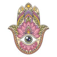 fatima hand färgad indisk symbol. khamsa, helig östra tecken, Bra tur charm. hamsa med Allt seende öga. vektor