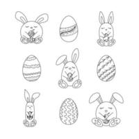 uppsättning av hand dragen olika söt påsk kaniner med ägg. Lycklig påsk klotter ClipArt - kanin och ägg. isolerat på vit bakgrund. vektor