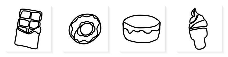 uppsättning av ett kontinuerligt linje konst hand dragen kontur av utsökt aptitlig bakverk, bageri ett skiva för dekoration, emblem för konfekt, sött butik, bageri i minimalistisk design vektor