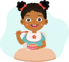 afrikansk amerikan bebis flicka har en måltid. tecknad serie karaktär. leende liten flicka qith en tallrik av gröt och sked. bebis mat. platt vektor illustration.