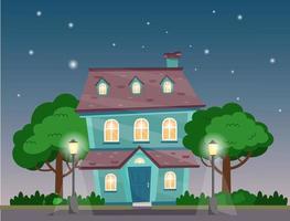 Illustration von Nacht Haus mit Bäume, Gebüsch, Straße Lampen und dunkel Himmel mit Sterne. vektor