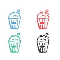 popcorn ikon, pop- majs, hink, låda ikon, mellanmål, hink, bio ikon, popcorn snabb mat vektor ikoner i flera olika färger