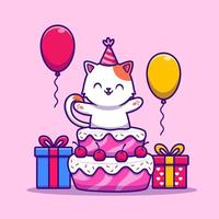 söt katt födelsedag fest med kaka, gåva och ballong tecknad serie vektor ikon illustration. djur- födelsedag ikon begrepp isolerat premie vektor. platt tecknad serie stil
