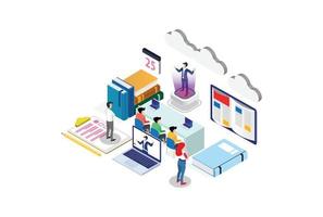 isometrisk studenter e-learning webinar Träning och lyssnande affärsman med hologram. webbseminarium, uppkopplad video Träning, lämplig för diagram, infografik, spel tillgång, och Övrig grafisk relaterad tillgång vektor