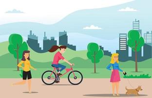 jung Menschen Fahrten ein Sport Fahrrad auf ein Park Straße, Vektor Illustration geeignet zum Diagramme, Infografiken, Spiel Anlage, und andere Grafik Anlagegut