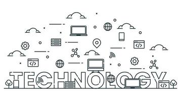 Illustration der Worttechnologie mit Symbolen im Linienstil vektor