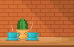 Tassen heißes Getränk mit einem Kaktus auf einem Tisch an einer Mauer vektor