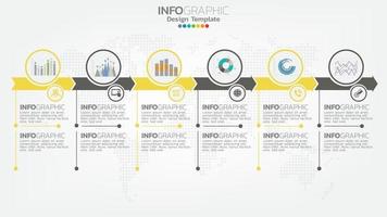 infograph 6 steg gul färgelement med pil, diagramdiagram, affärs online marknadsföringskoncept.
